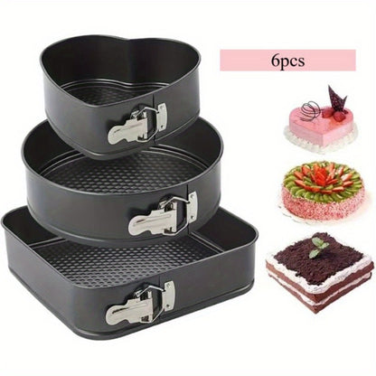 Cake Pan Set 6-Piece with Removable Bottom, Carbon Steel Nonstick Baking Molds in 3 Shapes Square Round Heart, Heavy Duty Springform Cake Pans for Chiffon Mousse Cheesecake Birthday Wedding