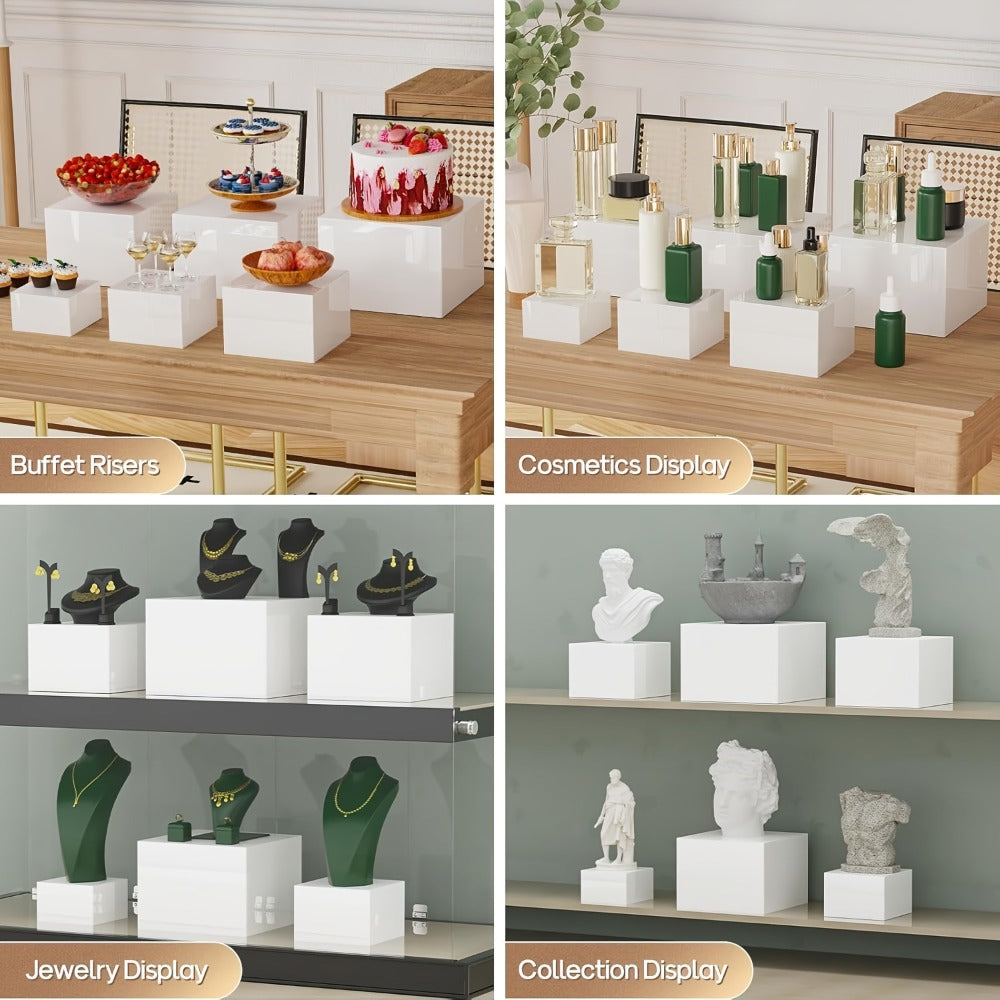 Acrylic Buffet Risers 6pcs Display Stand Set 8 Sizes 3"-10", Cube Box Riser Shelf for Party Catering Dessert Table, Food Display Stand for Collectibles Cupcakes Jewelry, White or Clear