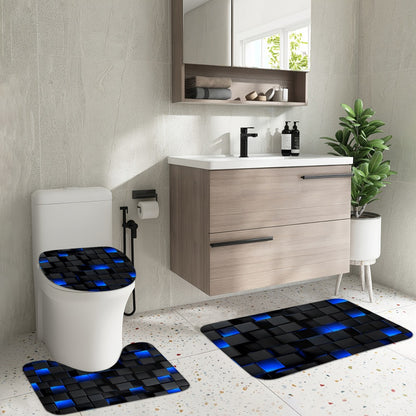 Shower Curtain Set with 12 Hooks & Toilet Seat Cover, 4-Piece Bathroom Set Dark Blue Geometric Abstract Cube Pattern, Modern Waterproof Bath Curtain Set for Bathroom Decor