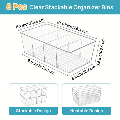 Clear Pantry Storage Bins Set of 8 with Dividers - Transparent Refrigerator Organizer Bins for Kitchen Cabinet, Pantry Organization, Snack Packet Spice Pouch Storage, 10.4" x 6.1" x 3.5"