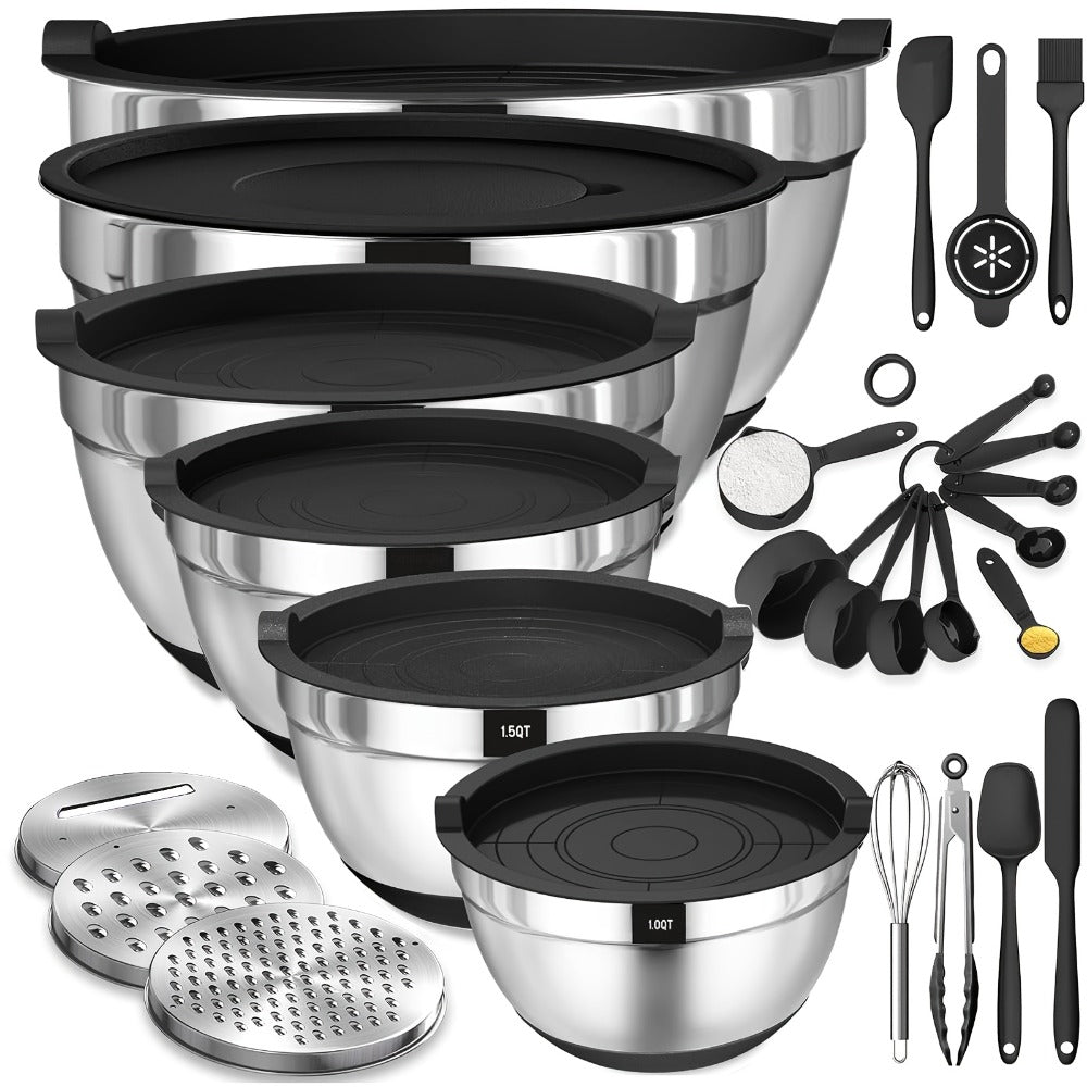 Mixing Bowls Set with Airtight Lids – 26pcs Stainless Steel Bowl Set with 3 Grater Attachments, Non-Slip Bottoms, Sizes 1–7QT – Kitchen Bowls for Mixing, Serving, Baking & Meal Prep