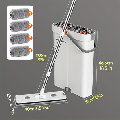 Flat Mop and Bucket Set with Metal Rod 360 Degree Swivel Head Reusable Microfiber Pads Hands-Free Wringing Wet Dry Floor Cleaning System for Hardwood Tile Bathroom Bedroom Living Room