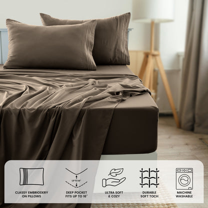 Fitted Sheet Set 6-Piece Brushed Polyester Deep Pocket Bed Sheets 20 Colors Hotel Luxury Soft Bedding with Embroidered Pillowcases