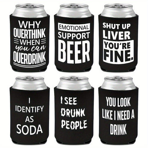 6-Pack Neoprene Beer Can Coolers with Funny Drinking Phrases - Insulated Drink Sleeves for Soda & Lager - Durable Cylindrical Can Huggers for Bachelorette, Oktoberfest & Camping Parties
