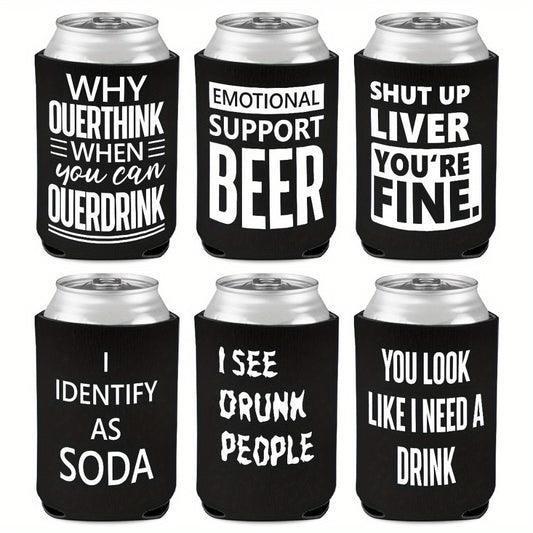 6-Pack Neoprene Beer Can Coolers with Funny Drinking Phrases - Insulated Drink Sleeves for Soda & Lager - Durable Cylindrical Can Huggers for Bachelorette, Oktoberfest & Camping Parties