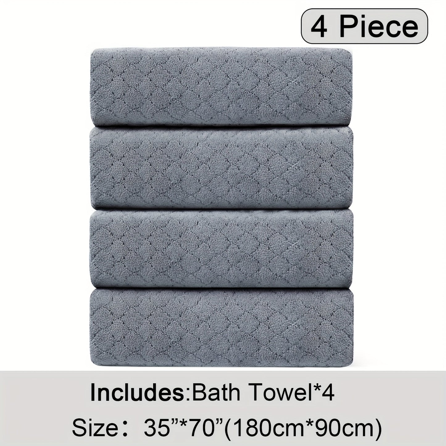 Oversized Bath Towel Set 4 Piece Diamond Pattern Microfiber - Ultra Soft Highly Absorbent Quick Dry | 10 Colors | Blue Green Black Gray Navy Orchid Brown Purple White Turquoise | Bathroom Hotel Gym Gift