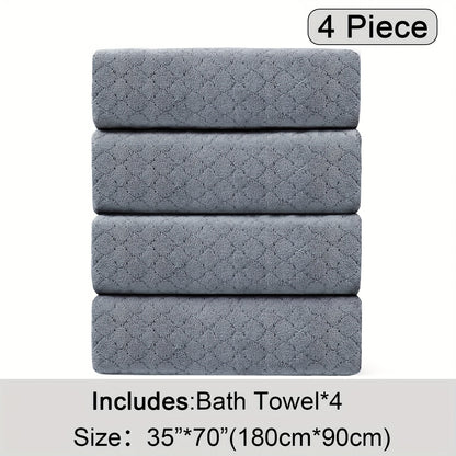 Oversized Bath Towel Set 4 Piece Diamond Pattern Microfiber - Ultra Soft Highly Absorbent Quick Dry | 10 Colors | Blue Green Black Gray Navy Orchid Brown Purple White Turquoise | Bathroom Hotel Gym Gift