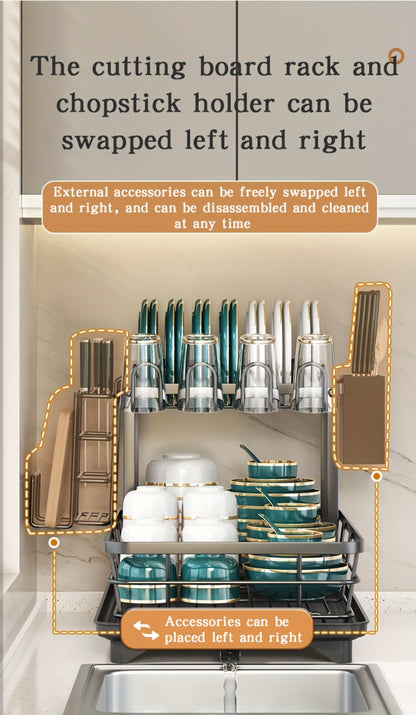 2-Tier Metal Dish Drying Rack with Cutlery Holder Cup Holder & Rust-Proof Drip Tray – Space Saving Countertop Kitchen Organizer