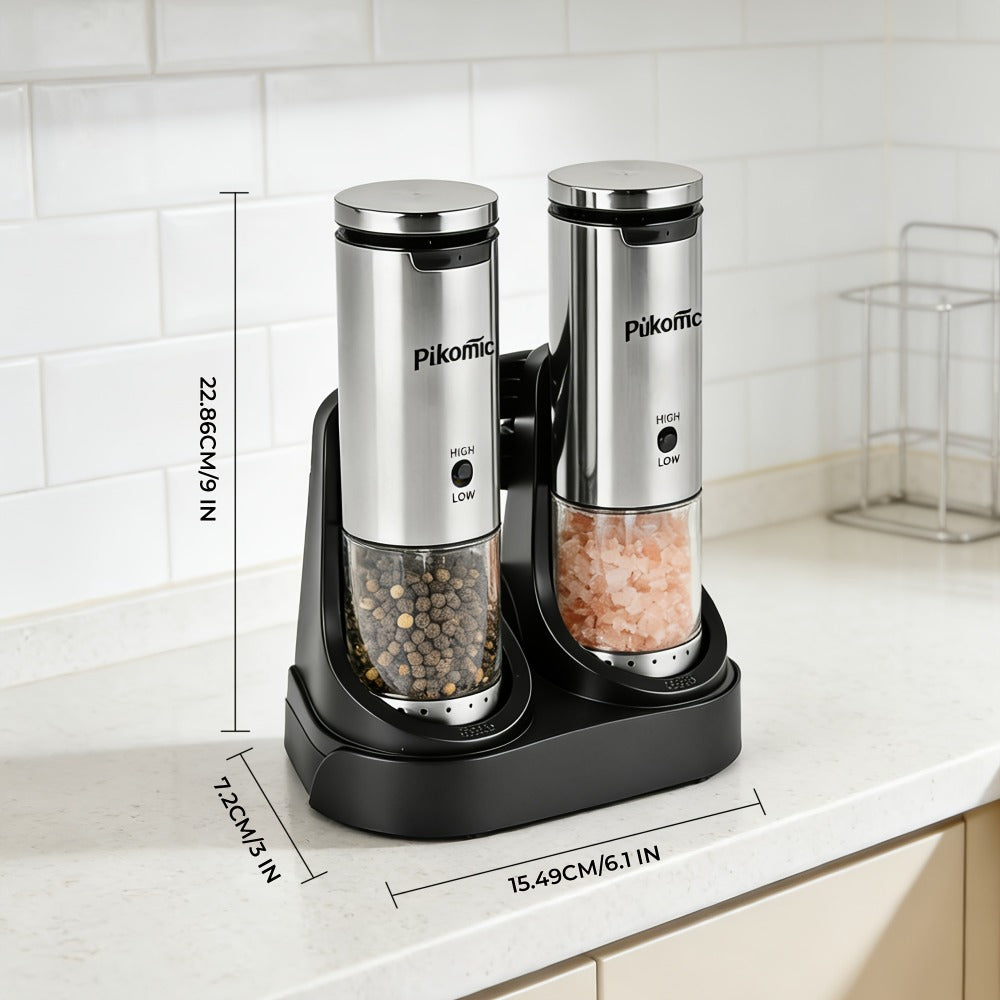 Electric Pepper Grinder Set of 2, Rechargeable with Charging Base, 6 Adjustable Coarseness Settings, Built-in LED Light & ABS Motor — Salt & Pepper Mill for Peppercorns & Spices, Brush Included