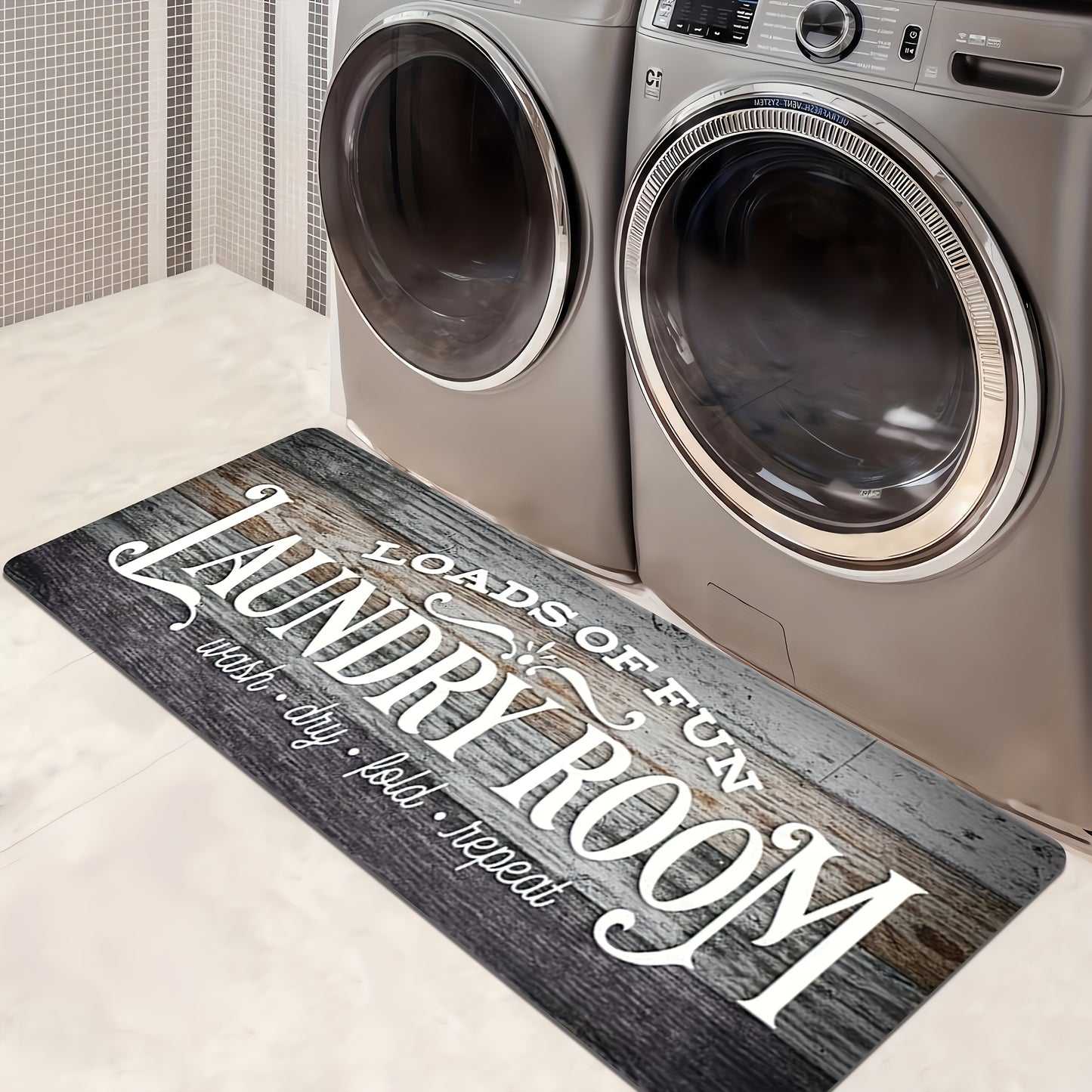 Non-Slip Laundry Room Mat Wood Grain Design - Heavy Duty Washable Rubber Backing Carpet | Rustic Dark Brown & Gray Kitchen Bathroom Rug | Durable Easy Clean Home Floor Mat in 2 Sizes
