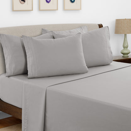Bed Sheets Set 6 Piece - Soft Brushed Microfiber Fitted Sheet with 16" Deep Pocket, Flat Sheet & Embroidered Pillowcases, Hotel Luxury Cooling Bedding, All Seasons, 20 Colors