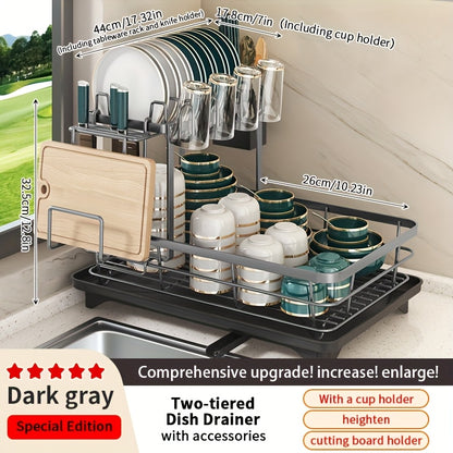 2-Tier Metal Dish Drying Rack with Cutlery Holder Cup Holder & Rust-Proof Drip Tray – Space Saving Countertop Kitchen Organizer