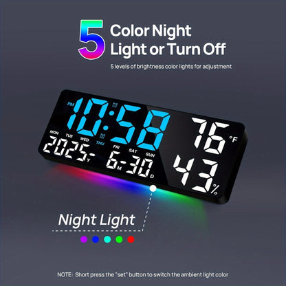 Large Digital Wall Clock with Remote Control – 14.6" LED Display Dual Alarm Clock with Night Light, Temperature, Humidity, Date & Week – RGB Color-Changing Bedroom & Living Room Clock Gift for Elderly