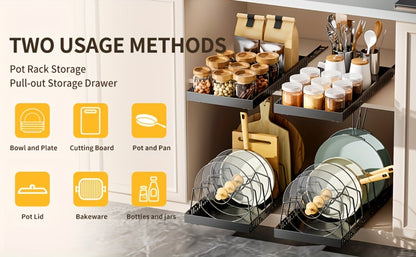 Pull Out Pot and Pan Organizer for Cabinet - Sliding Lid Rack with 8 Adjustable Dividers for Kitchen Cabinet Storage, Drill-Free Installation Pan Holder for Lids Baking Sheets and Cookware, Available in 1 or 2 Pack in Black or White