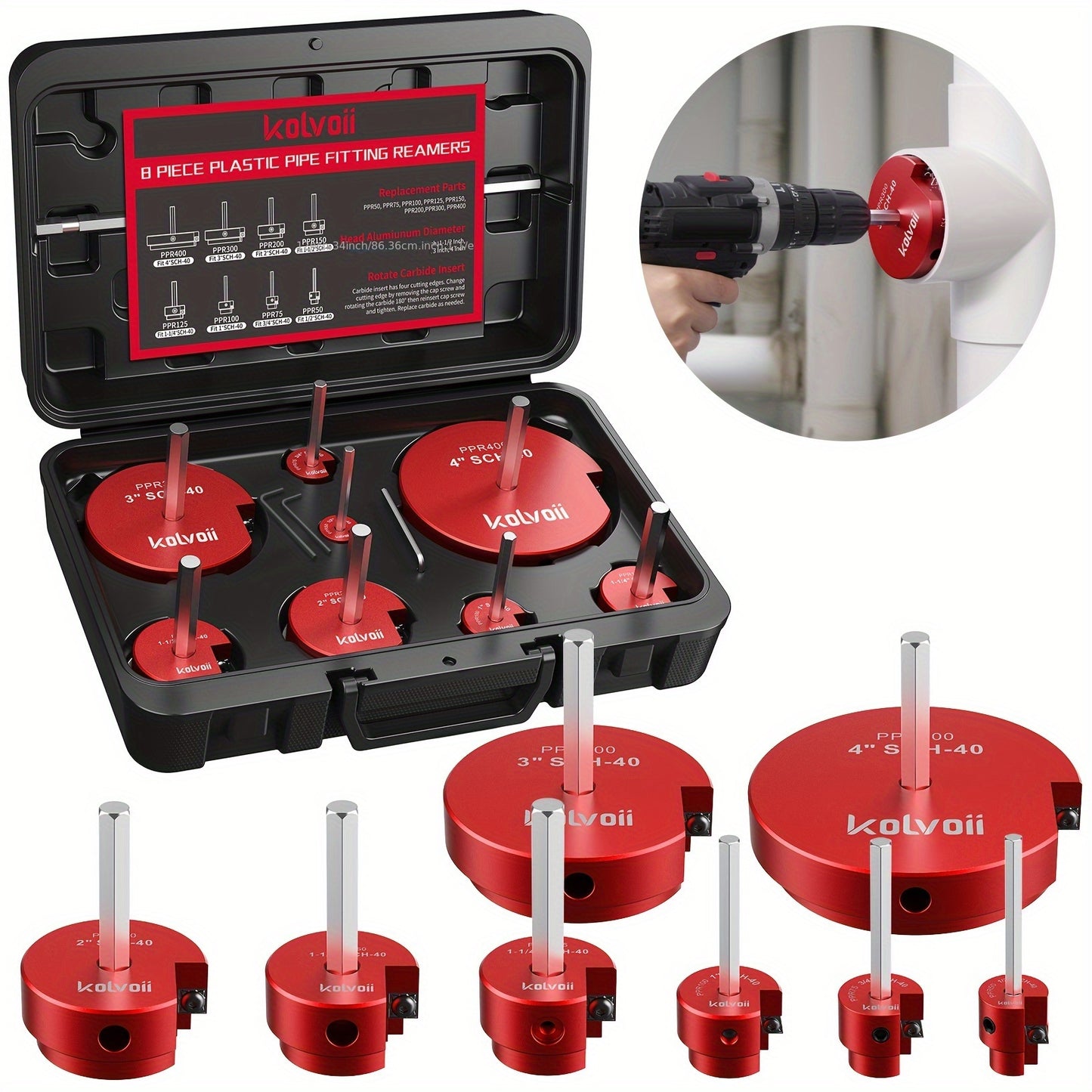 PVC Pipe Reamer Kit 8pcs - Fitting Saver for SCH 40 Plastic Pipe, Aluminum Alloy Body with 11.5" Hex Shaft, 8 Sizes 1/2" to 4", for PVC PP PE ABS Pipes, Drill Compatible, Red