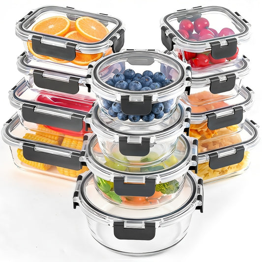 Glass Food Storage Containers with Lids Set of 12, Airtight Leak-Proof Meal Prep Containers, Microwave Oven Freezer Dishwasher Safe Bento Boxes for Pantry Kitchen Organization