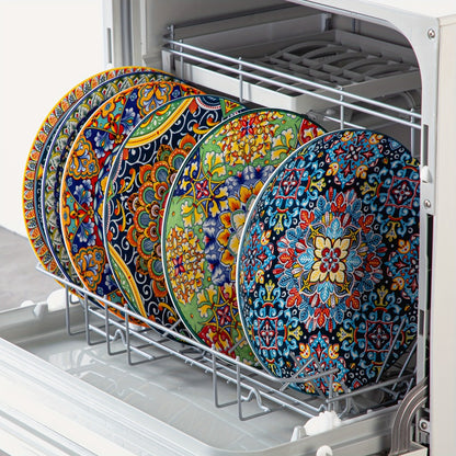 Bohemian Dinner Plates Set of 6 – 10.5 Inch Colorful Stoneware Plate Set Microwave Dishwasher Safe Scratch Resistant Porcelain Dinnerware for Home Restaurant Cafe Boho Kitchen Decor Gift