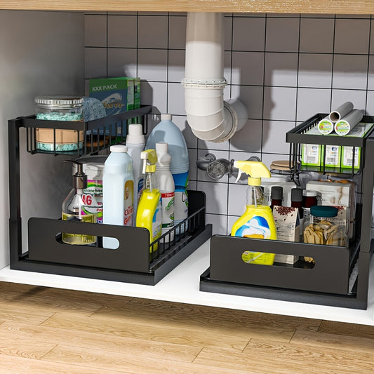 Under Sink Organizer with Sliding Pull-Out Shelf – 2-Tier Metal Cabinet Storage Rack for Kitchen, Bathroom, Pantry & Closet Organization, 1-Pack or 2-Pack
