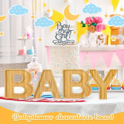 Baby Shower Charcuterie Board Set – 4-Piece BABY Letter Shaped Wooden Serving Tray, Bamboo Snack Platter for Gender Reveal, Birthday Party, Cake & Cookie Display