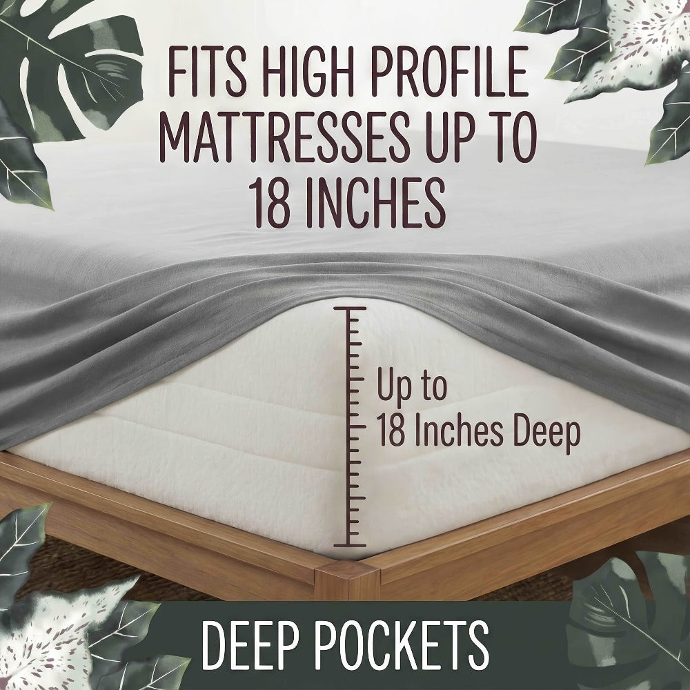 Bamboo Fiber Bed Sheet Set 4-Piece – Cooling Sheets, Hypoallergenic, Deep Pocket Fitted Sheet, Wrinkle-Free Bedding for All Seasons, Twin Full Queen King