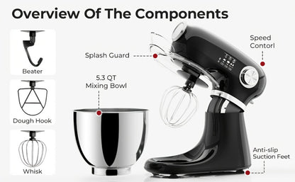 Bowl-Lift Stand Mixer 5.5 Qt 4-in-1 Electric Vertical Mixer 350W 12-Speed with Pulse Stainless Steel Bowl Dough Hook Whisk Mixing Paddle for Cake Bread Dough Black Red