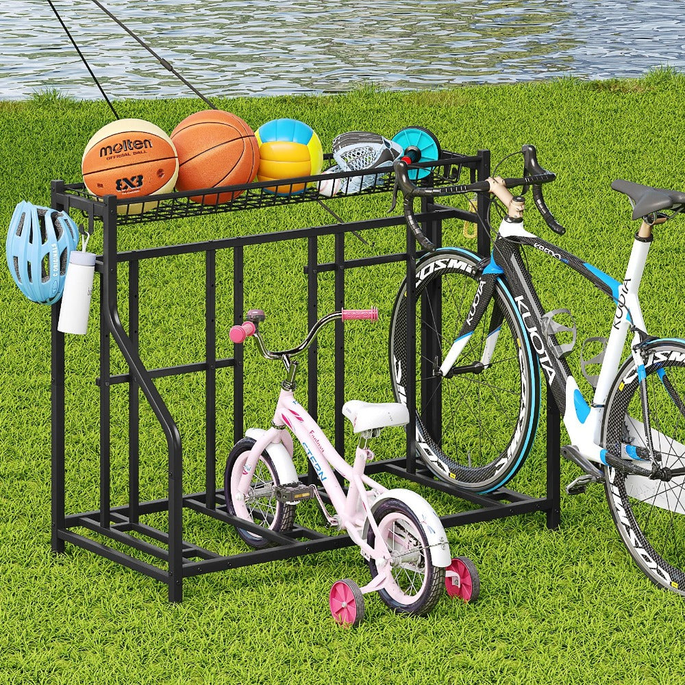 Freestanding Bike Storage Stand with Basket & Hooks – Adjustable Floor Rack for 3-4 Bikes, Indoor Outdoor Garage Organizer