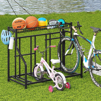 Freestanding Bike Storage Stand with Basket & Hooks – Adjustable Floor Rack for 3-4 Bikes, Indoor Outdoor Garage Organizer