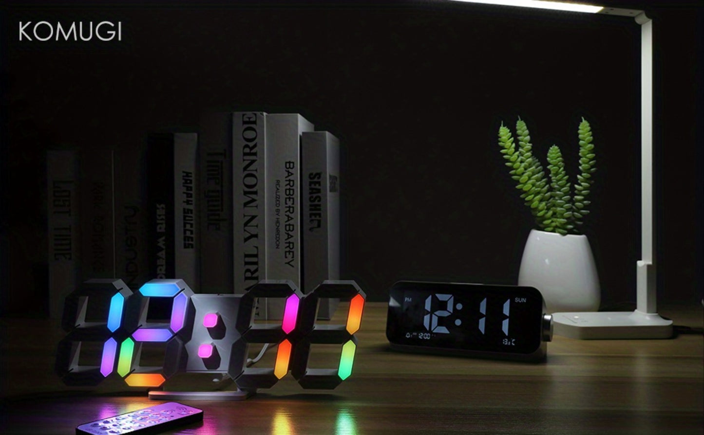Digital Wall Clock RGB Neon LED 9.7" Large Display – Aesthetic Alarm Clock with Remote Control, Adjustable Brightness, Date & Temperature Display for Bedroom, Living Room, Office & Gym