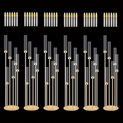 Floor Candelabra 6-Arm 46 Inch Gold Metal Candlestick Set with 12pcs LED Candles & Acrylic Shades, Tall Wedding Centerpiece Candle Holder for Valentine's Day Anniversary Party Home Decor