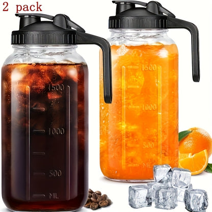 64oz Mason Jar with Handle and Lid 2/3 Pack – BPA-Free Borosilicate Glass Beverage Carafe, Leak-Proof Drinking Jar for Juice, Water, Iced Tea