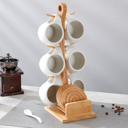Ceramic Coffee Cup Set of 6 with Wooden Coasters & Cup Holder | 200ml Latte Cappuccino Espresso Tea Mugs | Home Office Café Gift Set