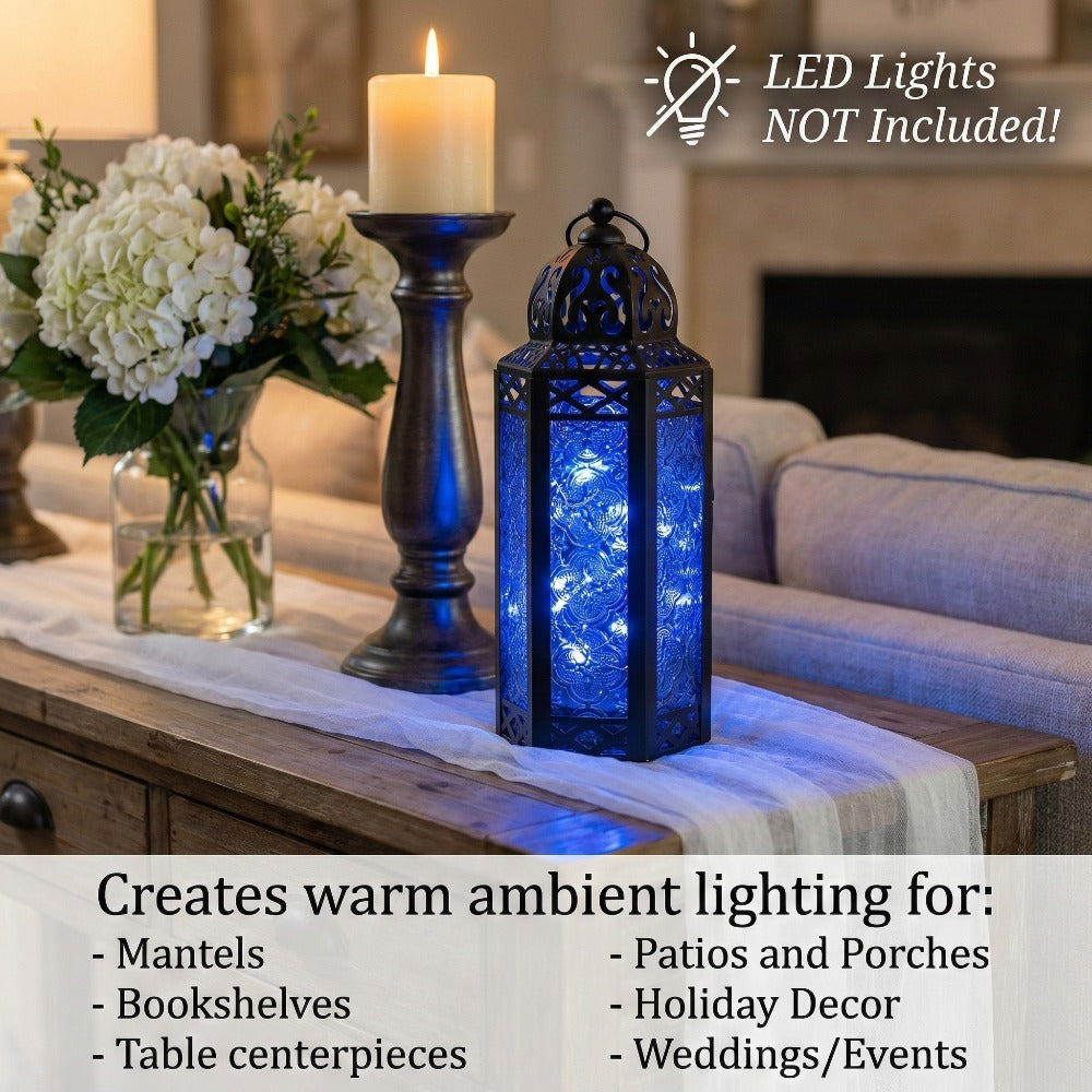 Moroccan Candle Lantern Holder - Decorative Metal & Glass Lantern with Embossed Floral Design for Indoor Home Decor, Garden, Patio, Weddings, Ramadan, Halloween & Holiday Celebrations - 10.5" Tall Medium Size