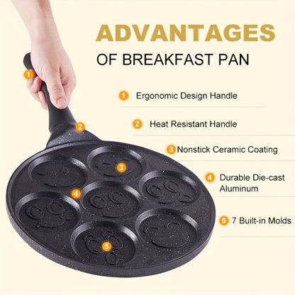 7-Hole Non-Stick Pancake Pan Smiley Face – Aluminum Alloy Breakfast Maker with Detachable Handle for Gas Stove | Oven & Dishwasher Safe Crepe Waffle Egg Mold Cooking Pan Even Heat Distribution Black