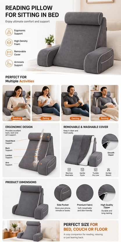 Reading Pillow for Adults Bed Rest Pillow with Arms 19 Inch Back Support Cushion Removable Washable Cover for Sitting Up in Bed Gaming Watching TV Reclining on Couch or Floor Backrest Wedge Pillow Grey