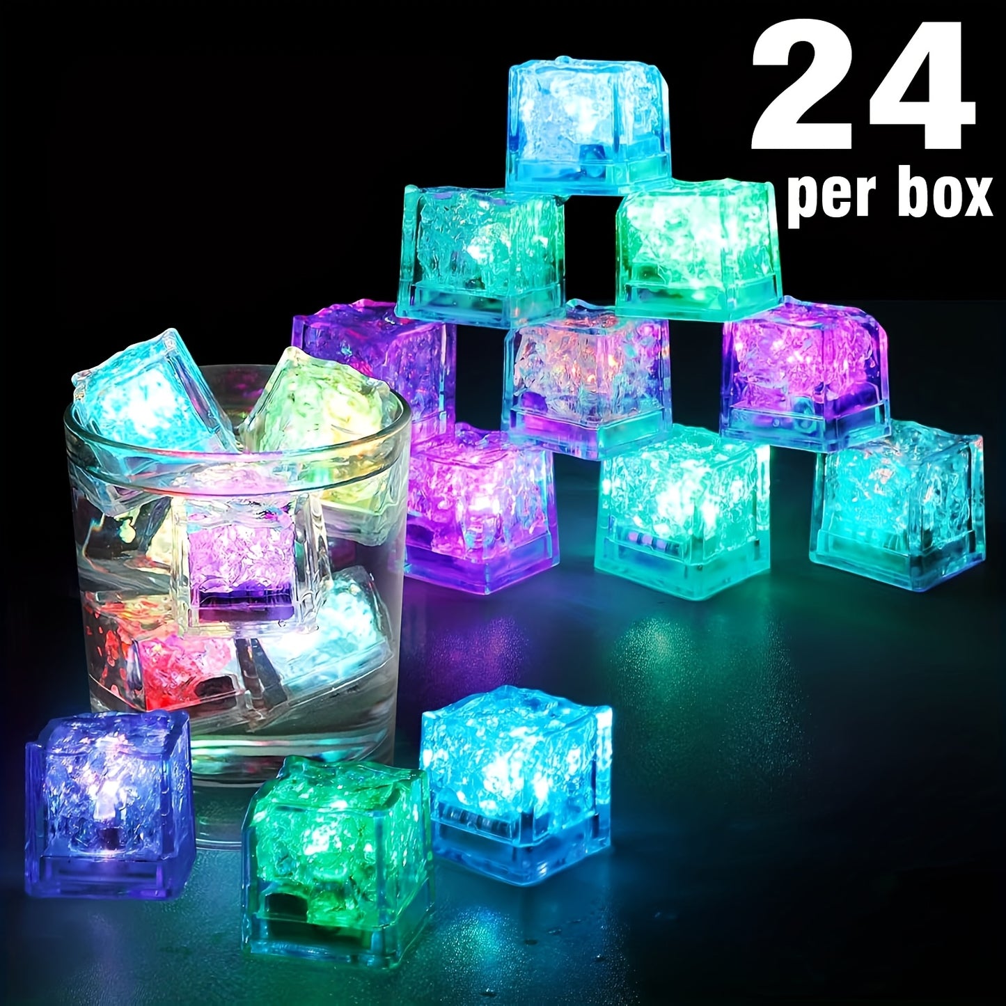 LED Ice Cube Lights Reusable Mixed Color, Flashing Sensory Light-Up Ice Cubes for Bar, Party & Wedding Decoration — Bulk Set of 24 or 48 | Eco-Friendly Promotional Event Lights