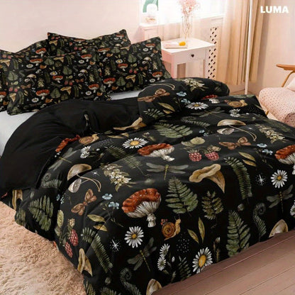 Duvet Cover Set 3-Piece Forest Mushroom Pattern – Soft Polyester Bedding with Zipper Closure, Twin Full Queen King – Bedroom & Guest Room