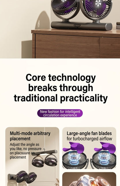 Double Head Air Circulation Fan USB Rechargeable | Desktop & Wall-Mounted 3-Speed Dual-Head Fan with Atmosphere Night Light, Multi-Angle Airflow for Camping, Home & Office – Grey & White