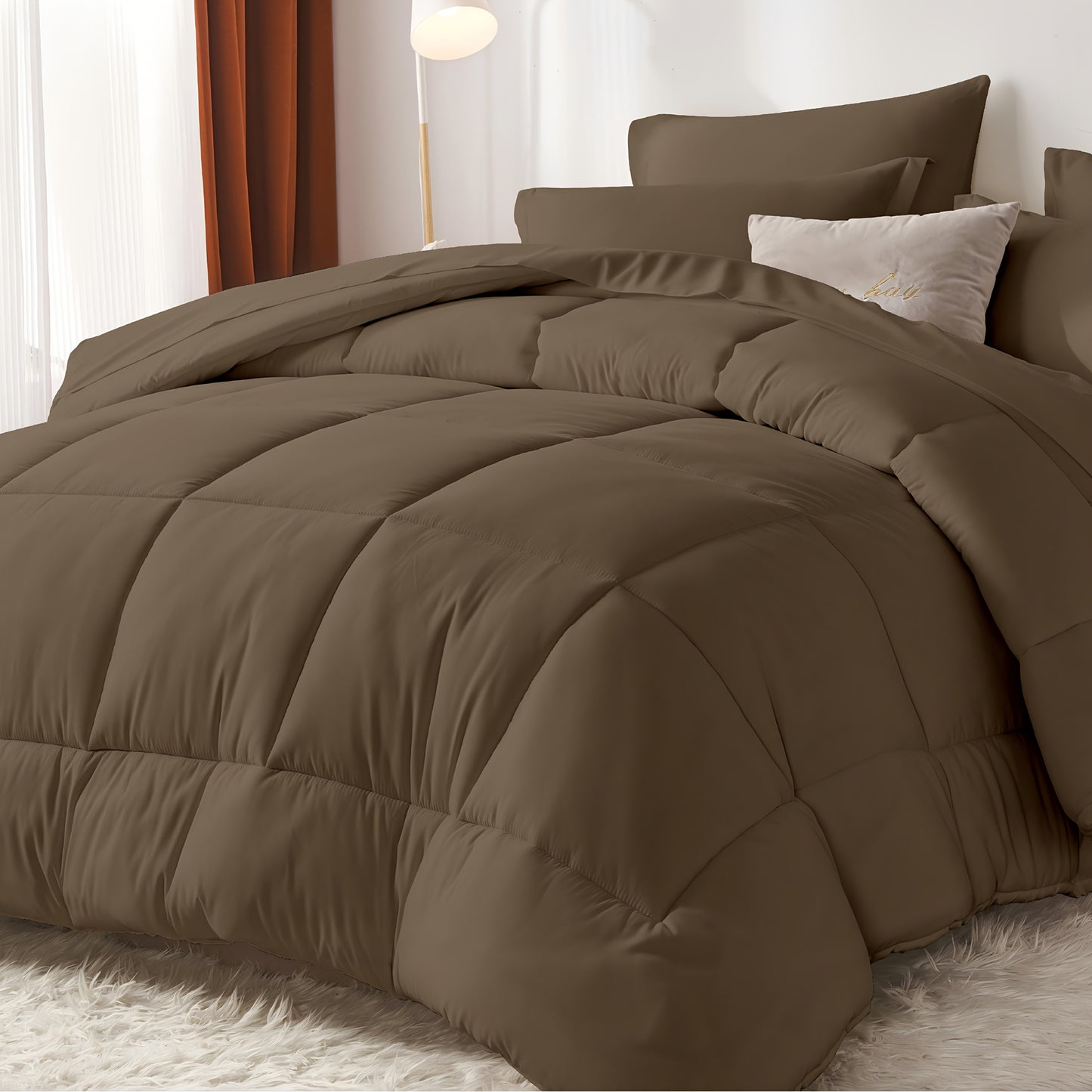 Comforter Set Soft Breathable Microfiber Bed in a Bag with Fitted Sheet Flat Sheet Pillowcases & Shams – All Season Fluffy Checkered Bedding Set Twin Full Queen King