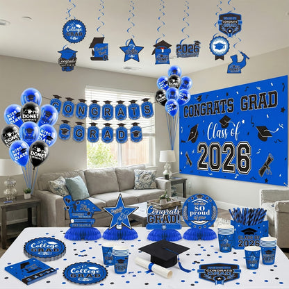 2026 Graduation Decorations Set – Congrats Grad Banner, Backdrop, Hanging Swirls & Honeycomb Table Toppers, Class of 2026 Party Supplies Kit