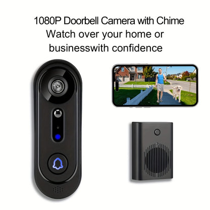 Wireless Video Doorbell Camera 1080P HD Night Vision Motion Detection Two-Way Audio Battery Powered Indoor Chime Cloud Storage Smart Home Security 2.4GHz WiFi Black