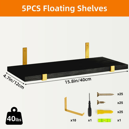 Rustic Floating Shelves Set of 5, 15.8x4.7 Inch Wall Mounted Wooden Shelves for Bedroom Living Room Kitchen Bathroom Office Plant Display