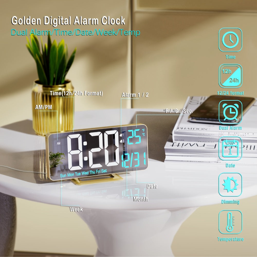 Large Digital Alarm Clock 6.7" with Dual Alarm & Dimmable LED Display – USB Powered Desk Clock with Temperature, Date & Day of Week | Modern Golden Bedside Clock for Bedroom, Living Room & Office