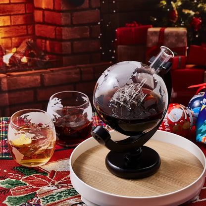 Whiskey Decanter Set with Glasses and Wooden Stand Ball Globe 28oz or Sailboat 44oz Etched Crystal Glass Cups for Whiskey Bourbon Scotch Birthday Wedding Anniversary Gift