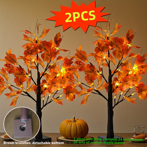 LED Maple Leaf Tree Decor Light Up Desktop Ornament 2 Pack | 24 LED Battery Powered Warm Light | Autumn Thanksgiving Table Lamp for Home Bedroom Party Wedding Holiday Gift