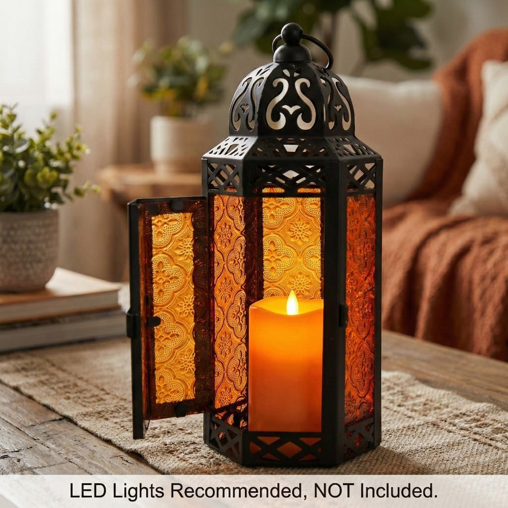 Moroccan Candle Lantern Holder - Decorative Metal & Glass Lantern with Embossed Floral Design for Indoor Home Decor, Garden, Patio, Weddings, Ramadan, Halloween & Holiday Celebrations - 10.5" Tall Medium Size