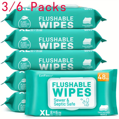 Flushable Wet Wipes Extra Large Thickened 48ct – Alcohol-Free Plant-Based Butt Wipes, Septic Safe, Quick-Dispersing for Baby Sensitive Skin, Feminine & Personal Care – Pack of 3 or 6