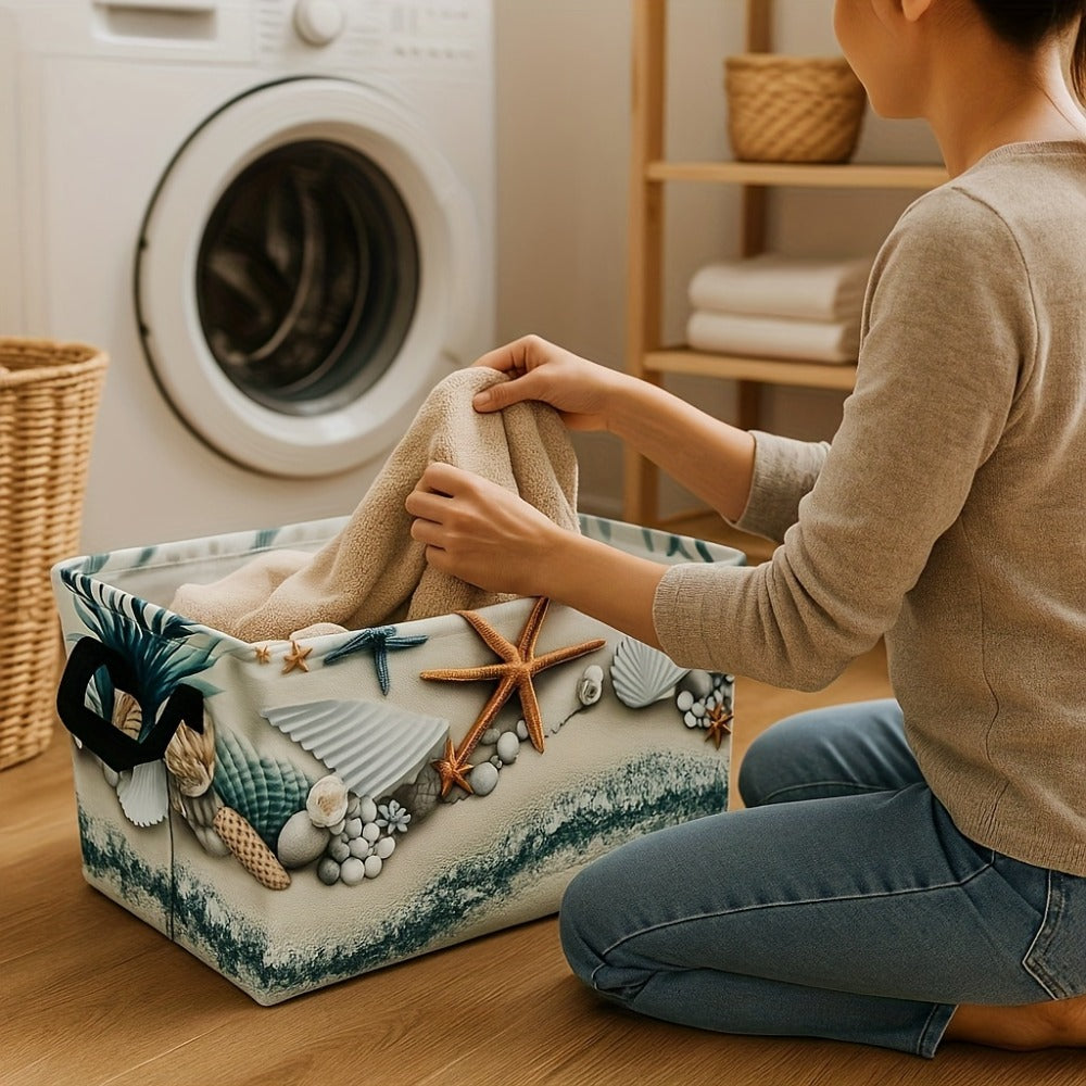 Storage Basket Fabric Organizer Bin – Beach Shell & Starfish Design for Shelf, Laundry, Nursery, Home Office, Dorm, Books, Clothes & Gifts