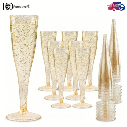 Plastic Champagne Flutes Bulk 25 50 Pack Disposable Reusable Golden Glitter Champagne Glasses Stackable Food-Grade PS Party Cups for Wedding Birthday New Year Picnic Brunch Events