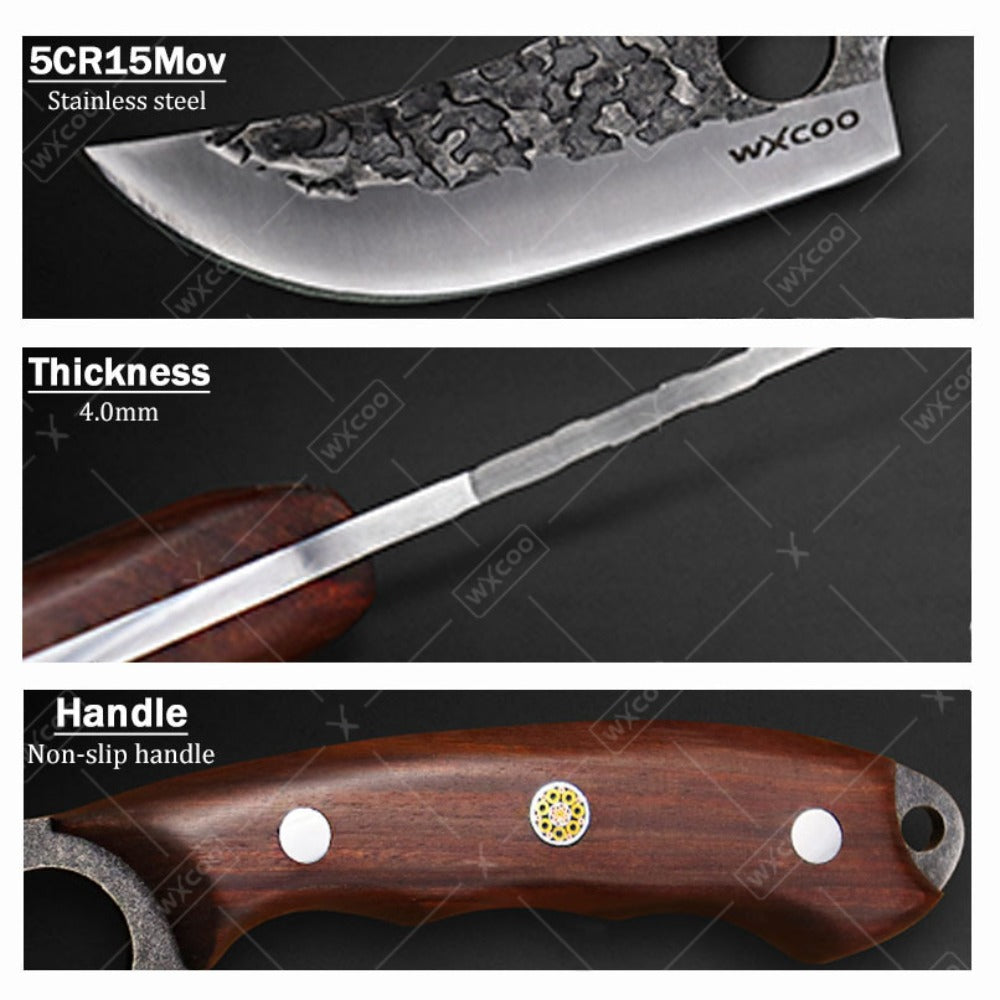 Chef Knife Set Stainless Steel, Professional Kitchen Knife Set with Boning Knife & Utility Knife, Viking BBQ Knife with Hammered Blade & Wood Handle, Multipurpose Cooking Knives for Meat Fish Vegetable