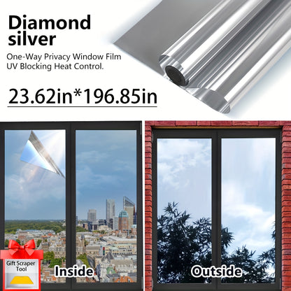 One Way Privacy Window Film Static Cling No Glue - Heat Control Anti-Glare Sun Blocking Reflective Mirror Tint for Home Office Hotel, Nano Ceramic 5Mil PVC, Easy Install Removable Window Privacy Film